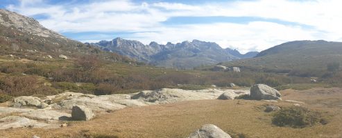 Der Weiterweg folgt dem Lauf des Tavignano, welcher vom Lac de Nino herkommt und über die Geländestufe links fällt. Im Hintergrund markant die Pointe des Sept Lacs (2266), auf deren Südsattel der Weg von rechts her aufsteigt. Eingebettet zwischen den Gipfeln links der Lac de Gona (verdeckt). [imgDir=SSE alt=1730]