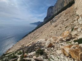 Der Bergsturz wird ziemlich horizontal gequert. Man muss nicht zum grossen Brocken hochsteigen.