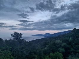 Letzter Blick zurück auf den Biriolawald mit dem Felssturz unter der Punta Plummare