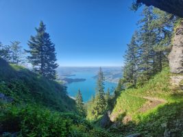 Blick über die markante Form des Zugersees