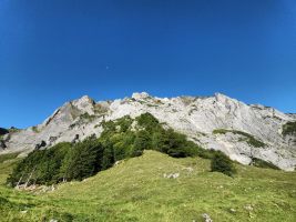 Die Ostflanke von direkt unterhalb des Föhreneggs aus gesehen.: Über dem Grün nach links und dann stets diagonal nach rechts unter dem markanten Felsklotz durch.