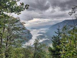 Bohinjska-See mit Nebelfetzen und Wolkendecke